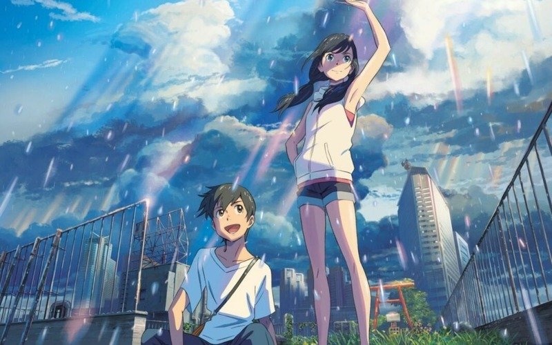 Hình ảnh 2 nhân vật anime trong your name đang ngắm mưa cùng nhau