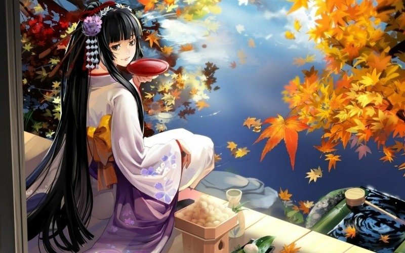 Hình nền anime nhân vật nữ đang thưởng thức trà