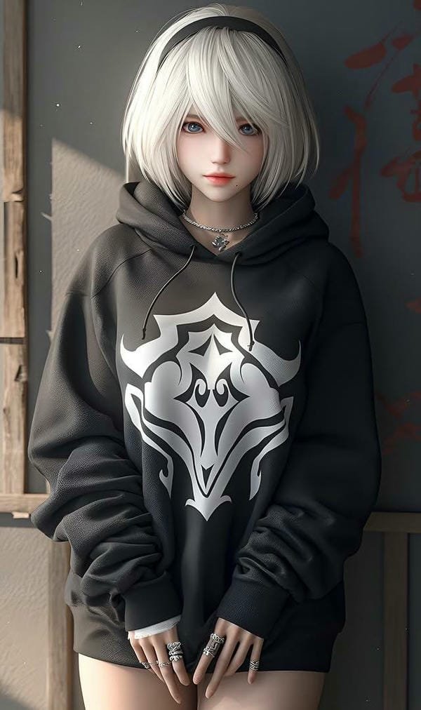 ảnh anime nữ 2B tạo dáng mạnh mẽ trong khung cảnh tối