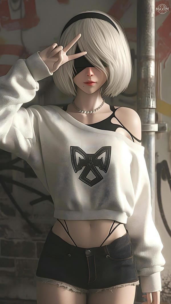 ảnh anime nữ 2B với ánh mắt lạnh và khí chất nổi bật