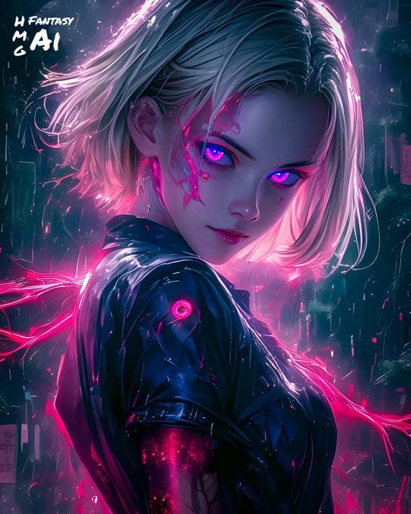 ảnh anime nữ Android 18 phong cách hiện đại, ánh mắt sắc bén