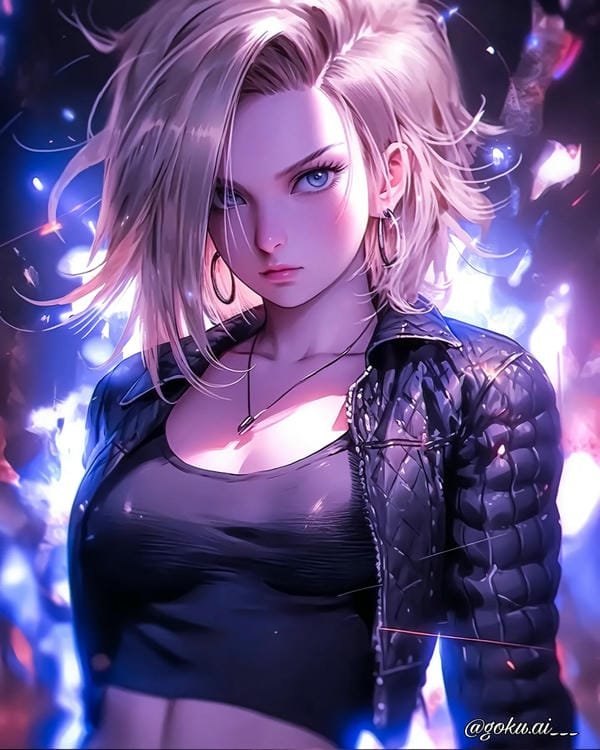 ảnh anime nữ Android 18 trong trang phục quen thuộc đầy cá tính