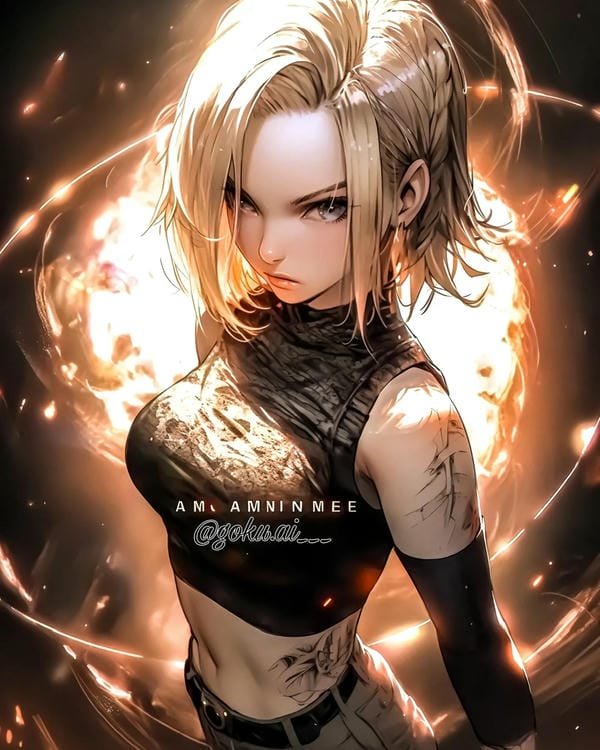 ảnh anime nữ Android 18 với ánh nhìn lạnh lùng và mái tóc vàng đặc trưng