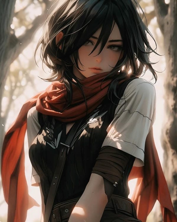 ảnh anime nữ Mikasa với ánh nhìn kiên định và cuốn hút