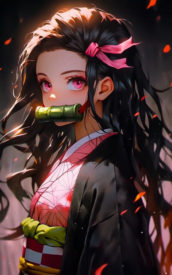 ảnh anime nữ Nezuko dễ thương với ánh mắt ngây thơ và nụ cười nhẹ