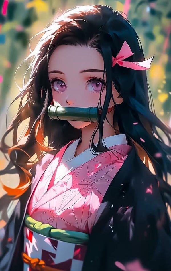 ảnh anime nữ Nezuko trong trang phục kimono hồng cực xinh