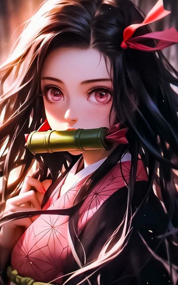 ảnh anime nữ Nezuko với mái tóc dài bay trong gió đẹp mê hoặc